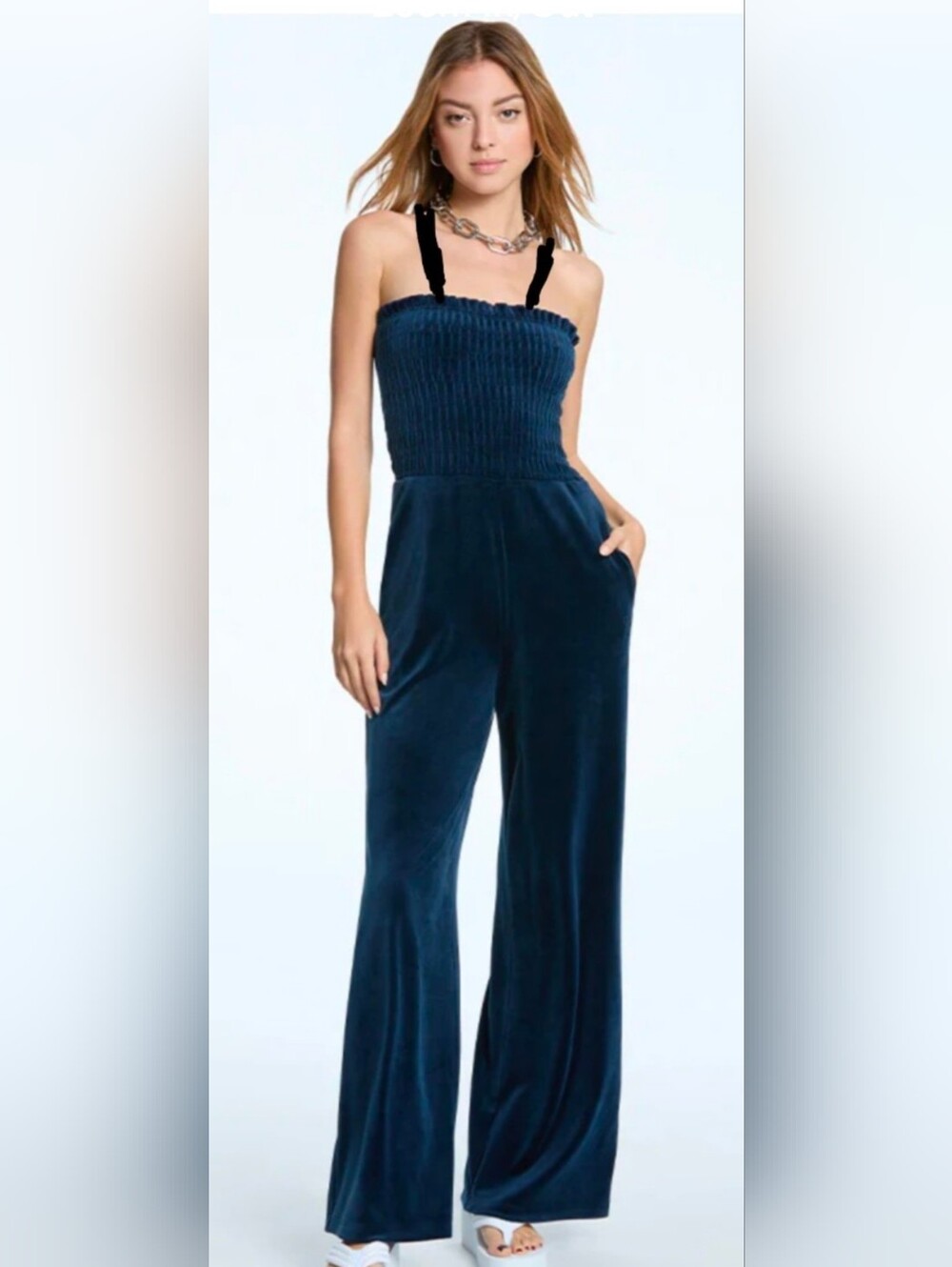 Juicy Couture Navy Velvet Bra Friendly Strap Smocked Jumpsuit Small